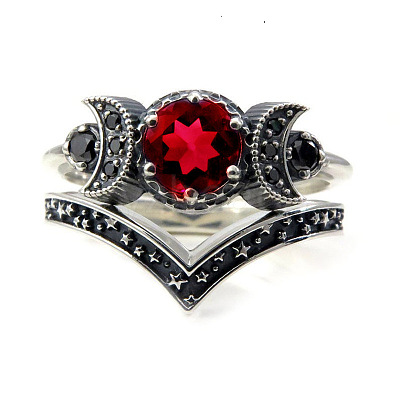 Gothic Purple Crystal Ring with Triple Moon Goddess - Black Diamond Jewelry for Women ST7719199-1