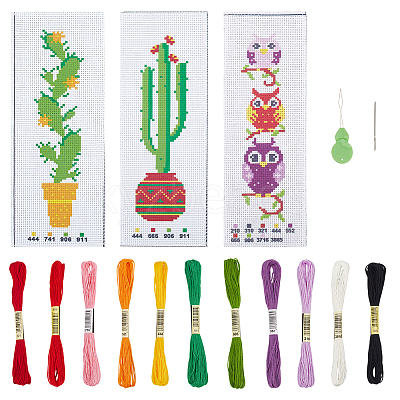 3 Sets 3 Style DIY Oval & Cactus Pattern Bookmark Cross-Stitch Kit DIY-NB0008-96-1