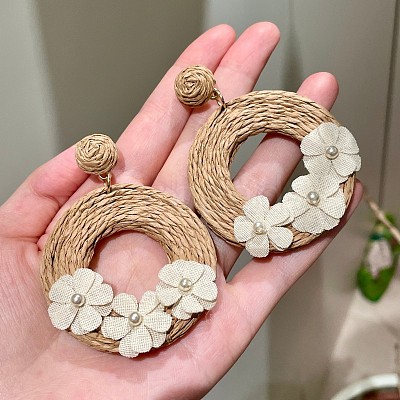 Bohemian Style Raffia & Cloth Dangle Stud Earrings FS-WG07AB6-01-1