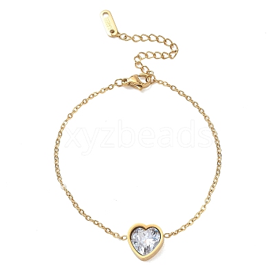 304 Stainless Steel Pave Clear Cubic Zirconia Heart Link Bracelets SA-CBA5F76-05G-1