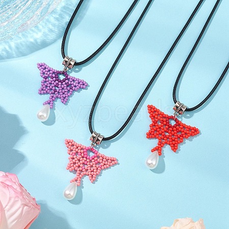 3Pcs 3 Colors Glass Seed Beads Beaded Butterfly Pendant Necklaces NJEW-MZ00083-1