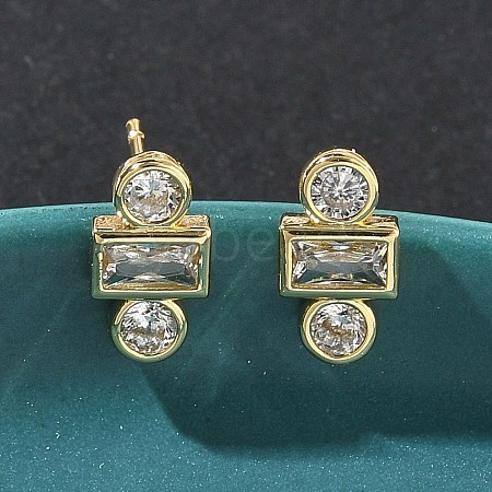 Rectangle with Flat Round Brass Micro Pave Clear Cubic Zirconia Stud Earrings X-EJEW-G452-12G-1