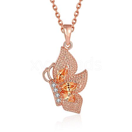 Rose Gold Plated Brass Cubic Zirconia Butterfly Pendant Necklaces for Women NJEW-BB00522-02-1