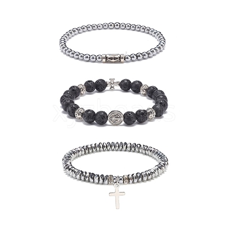 3Pcs 3 Style Natural Lava Rock & Synthetic Hematite Stretch Bracelets Set BJEW-JB08692-1