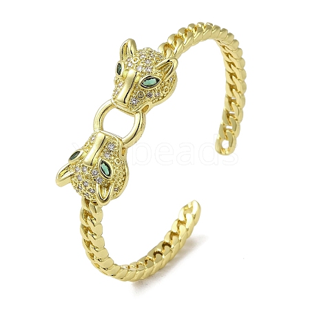 Brass Pave Clear & Green Cubic Zirconia Leopard Open Cuff Bangle for Women BJEW-K246-22A-G-1