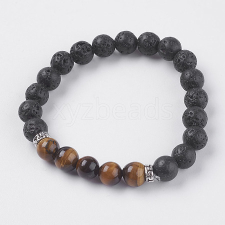 Natural Lava Rock and Natural Tiger Eye Beads Stretch Bracelets BJEW-E326-10K-1