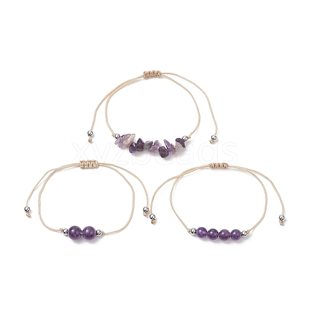 3Pcs 3 Style Natural Amethyst Braided Bead Bracelets Set BJEW-JB09334-02-1