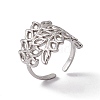 Non-Tarnish 304 Stainless Steel Hollow Out Leaf Open Cuff Ring for Women RJEW-C045-16P-1