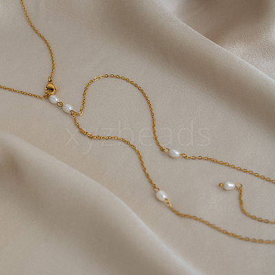 304 Stainless Steel and Natural Freshwater Pearl Tassel Y-shaped Lariat Necklaces for Women OF8673-1