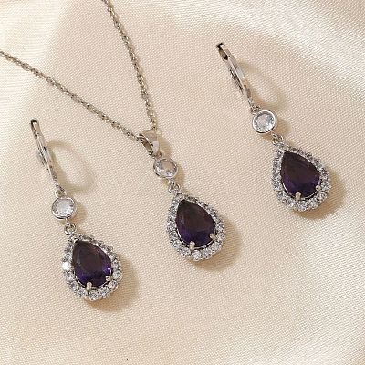 Brass Micro Pave Clear Cubic Zirconia & Glass Teardrop Pendant Necklaces & Earrings Sets for Women RT7280-1