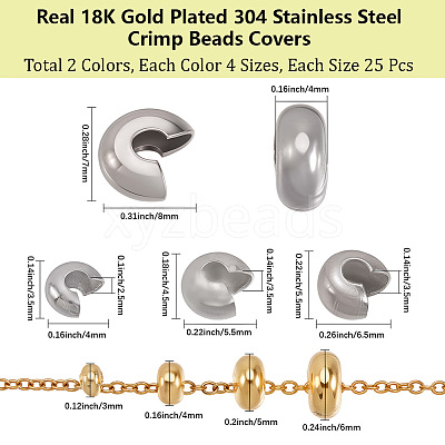 200Pcs 8 Style 304 Stainless Steel Crimp Beads Covers STAS-BBC0007-15-1