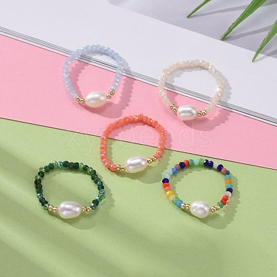 Glass Beads Stretch Rings RJEW-JR00314-1