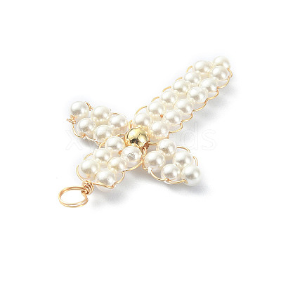 Round Shell Pearl Bead Copper Wire Wrapped Pendants PALLOY-JF02077-01-1