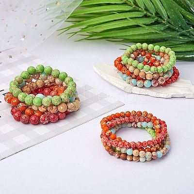 3Pcs 3 Size Natural Imperial Jasper Round Beaded Stretch Bracelets Set BJEW-SW00064-29-1