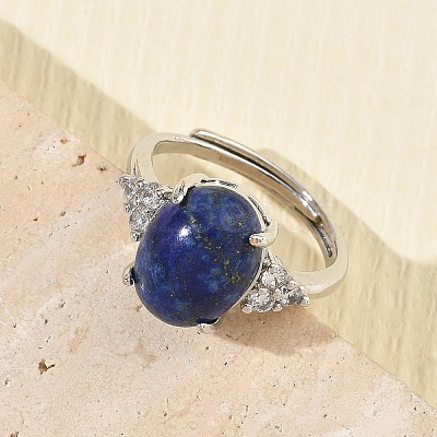 Brass Micro Pave Cubic Zirconia with Natural Lapis Lazuli Cuff Open Rings RJEW-T035-01P-B-1