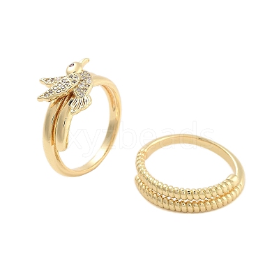 Brass Micro Pave Cubic Zirconia Bird Open Cuff Rings Set for Women RJEW-U002-11G-1
