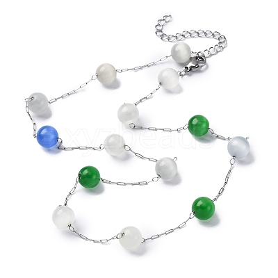 304 Stainless Steel Cat Eye Round Beads Handmade Chain Necklaces for Women NJEW-C073-01P-07-1
