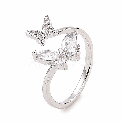 Clear Cubic Zirconia Butterfly Open Cuff Ring X-RJEW-B028-26P-1