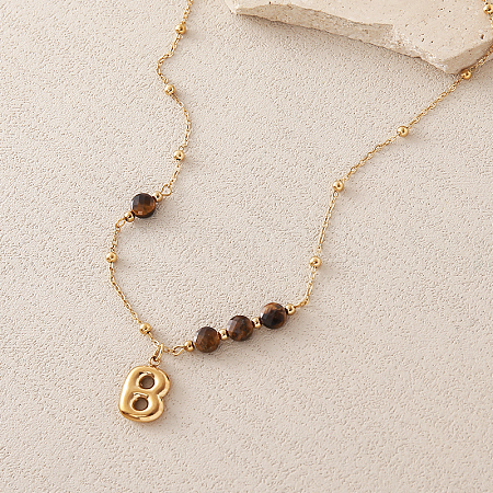 European Faceted Natural Tiger Eye 304 Stainless Steel Alphabet Pendant Necklaces QN9691-2-1