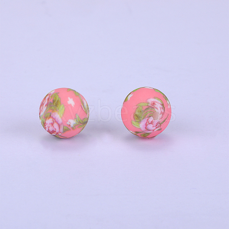 Printed Round with Flower Pattern Silicone Focal Beads SI-JX0056A-160-1