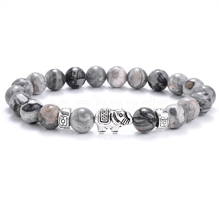 Ethnic Style Antique Silver Tone Alloy Elephant & Round Natural Map Stone Beaded Stretch Bracelets for Women Men QP2163-8-1