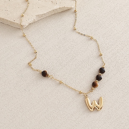 European Faceted Natural Tiger Eye 304 Stainless Steel Alphabet Pendant Necklaces QN9691-23-1