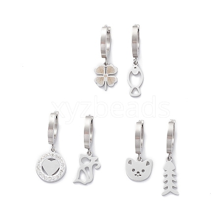 3 Pair 3 Style Heart & Bear & Fish & Clover Crystal Rhinestone Asymmetrical Earrings EJEW-B020-15P-1