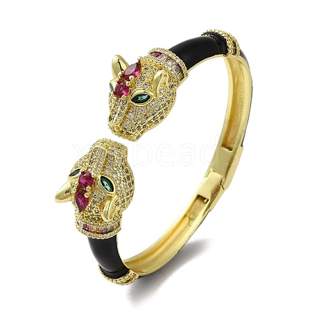 Brass Pave Colorful Cubic Zirconia Leopard Open Cuff Bangle for Women BJEW-K246-07G-1