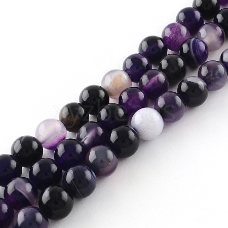 Dyed Natural Striped Agate/Banded Agate Round Bead Strands G-R342-10mm-03-1