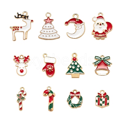120Pcs 12 Style Light Gold Christmas Theme Alloy Enamel Pendants ENAM-LS0001-55-1