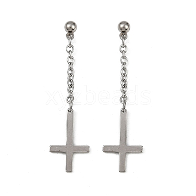 Christian Upside Down Cross 201 Stainless Steel Dangle Stud Earrings LS-EJEW-P314-01B-P-1