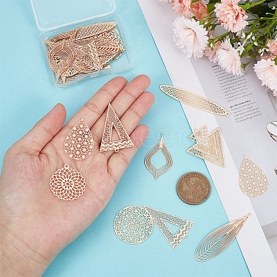 32Pcs 8 Style Rack Plating Brass Filigree Big Pendants KKC-UN0001-02-1