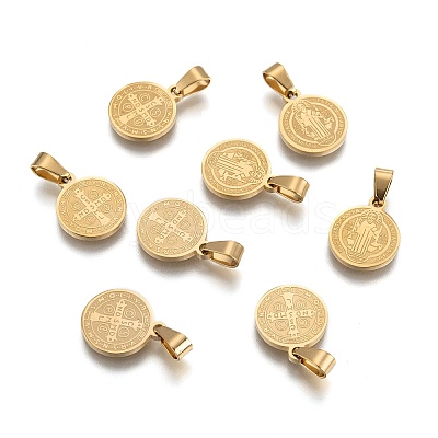 Flat Round with San Benito & Word 304 Stainless Steel Charms Ion Plating(IP) STAS-YW0001-98-1