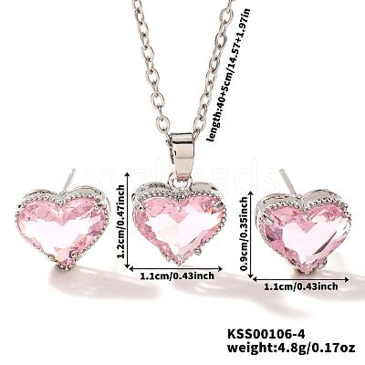 Brass Glass Heart Stud Earrings & Pendant Necklaces Sets for Women MH6858-4-1