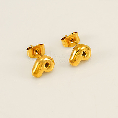 Chunk Letter 304 Stainless Steel Stud Earrings for Women EJEW-G386-01P-G-1