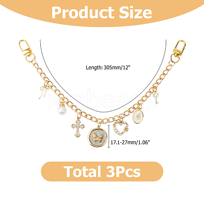 3Pcs Alloy Key Bowknot & Brass Micro Pave Cubic Zirconia Heart Pendant 304 Stainless Steel Bag Decorative Chains HJEW-HS00106-1