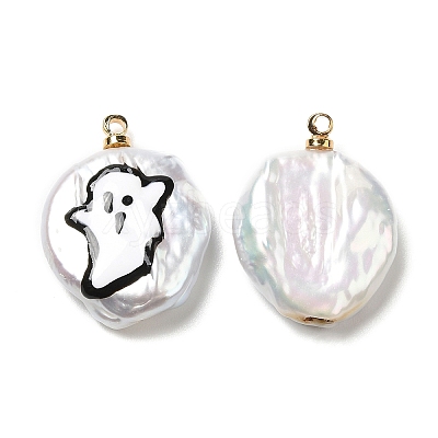 Baroque Style Natural Keshi Pearl Pendants with Enamel PEAR-G013-02G-1