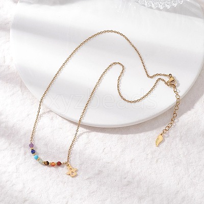 Chakra Natural Gemstone Faceted Round Beaded Pendant 304 Stainless Steel Cable Chain Necklaces NJEW-JN05531-02-1