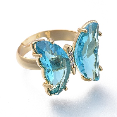 Adjustable Brass Glass Finger Rings RJEW-P148-A01-02-1