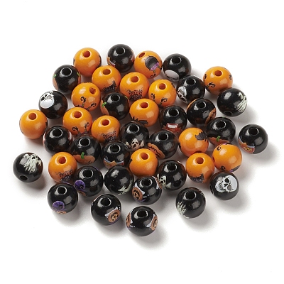 Halloween Printed Wood European Beads WOOD-K008-03-1