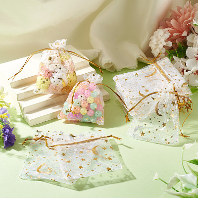 30Pcs Gold Stamping Moon Star Organza Drawstring Gift Bags ABAG-TA0002-21A-1