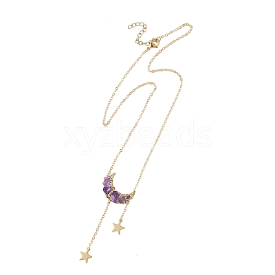 Natural Amethyst Chip Beads Moon Pendant Brass Cable Chain Necklaces for Women NJEW-TA00257-01-1