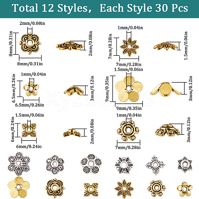 360Pcs 12 Styles Tibetan Style Alloy Bead Cap FIND-SC0008-81-1