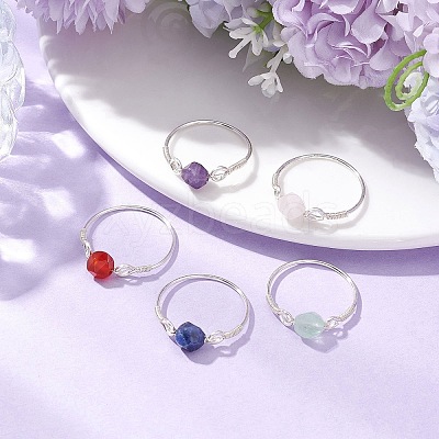Faceted Round Natural Rose Quartz & Amethyst & Fluorite & Carnelian & Sodalite Beads Finger Rings RJEW-JR00792-1