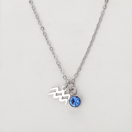 304 Stainless Steel Light Sapphire Rhinestone Birth Stone Constellation Pendant Necklaces FS-WG76580-15-1