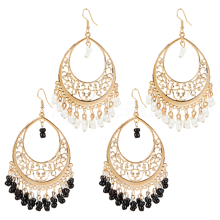 ANATTASOUL 2 Pairs 2 Colors Glass Seed Beaded Teardrop Chandelier Earrings EJEW-AN0002-29-1