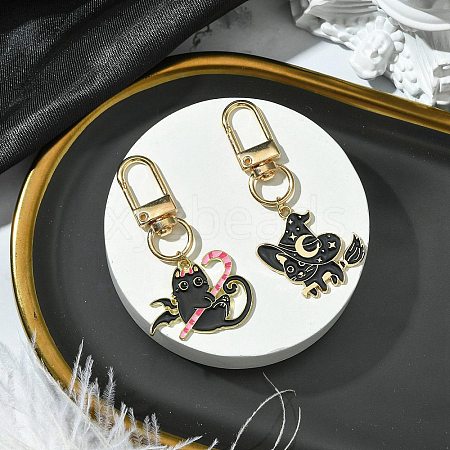 2Pcs 2 Styles Halloween Cat Alloy Enamel Pendant Decoration HJEW-JM02808-1