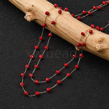 Ion Plating(IP) 304 Stainless Steel & Faceted Red Galss Link Chain Double Layer Necklaces for Women NJEW-K255-32G-1