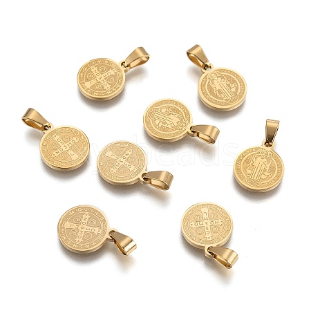 Flat Round with San Benito & Word 304 Stainless Steel Charms Ion Plating(IP) STAS-YW0001-98-1