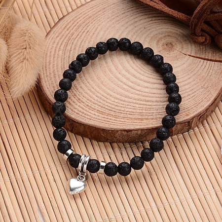 Natural Lava Rock Beaded Stretch Charm Bracelets BJEW-JB02095-02-1